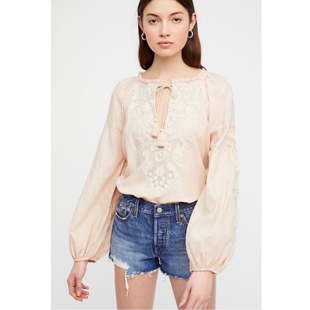 Free People Pale Peach Embroidered Lightweight Cotton Peasant Blouse - Picture 7 of 16